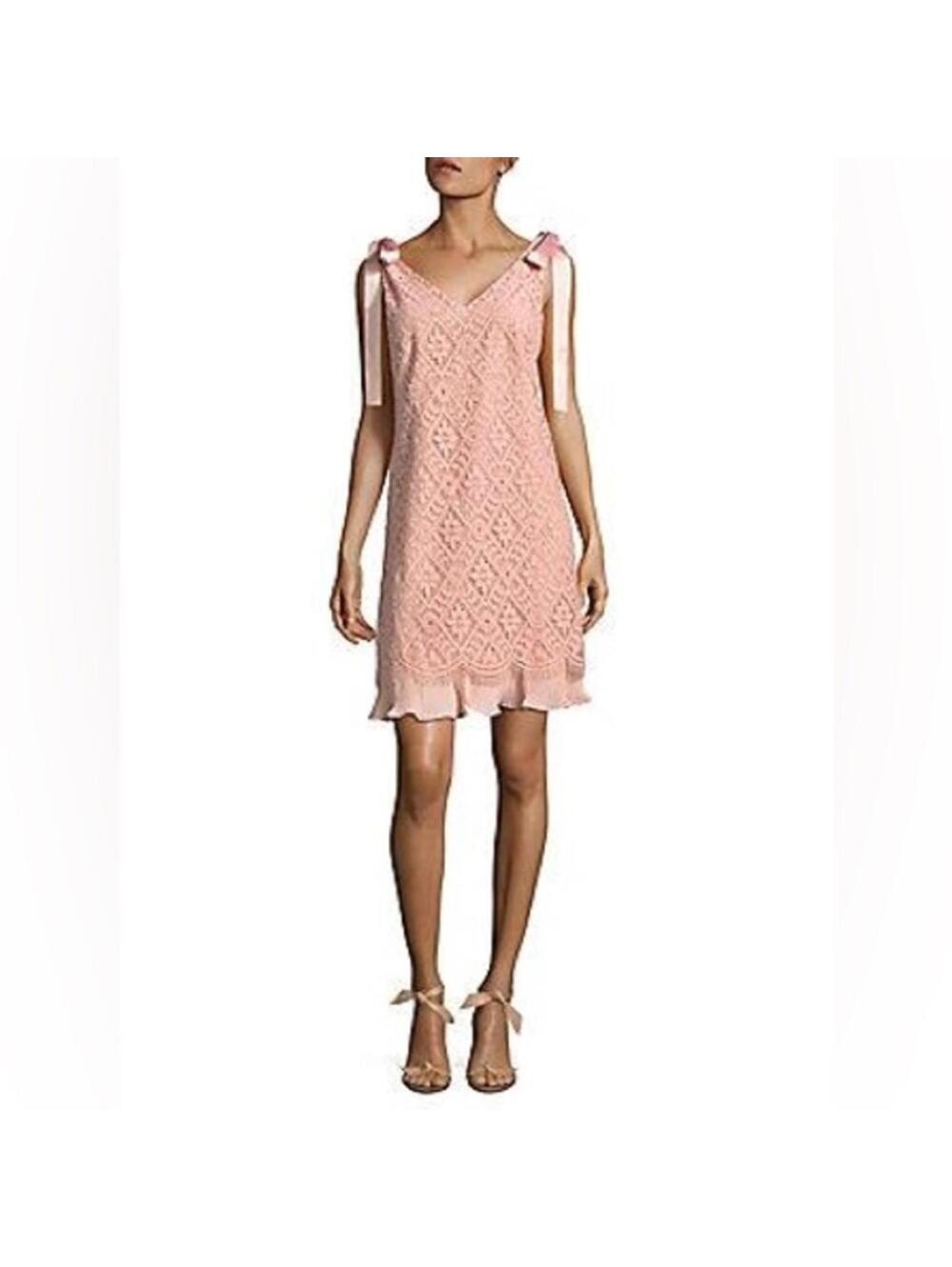 Nanette Lepore Blush Pink Lace Ribbon Ruffle Mini Dress NWT Size 12 - Picture 2 of 7